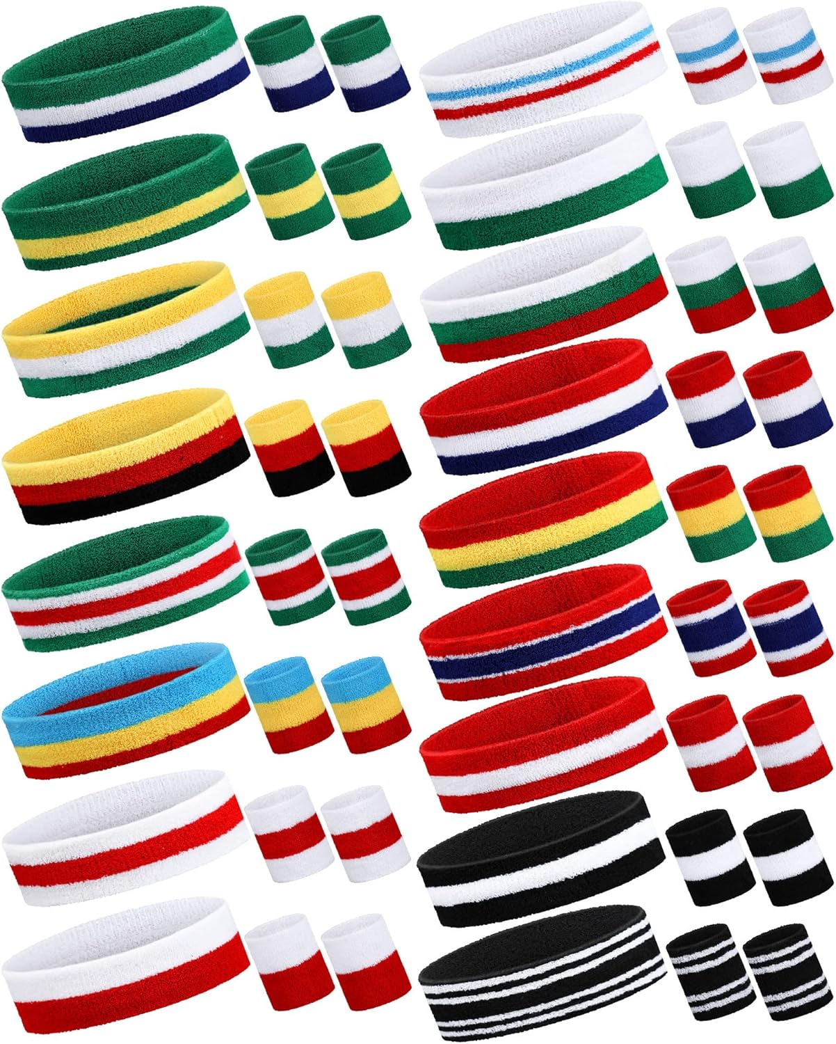 17 Pack Striped Polyester Cotton Sweatbands - Sports Headbands and Wristbands, Sweat-Absorbing for Men, Women, Kids, Workout, Basketball, Soccer, Costume
